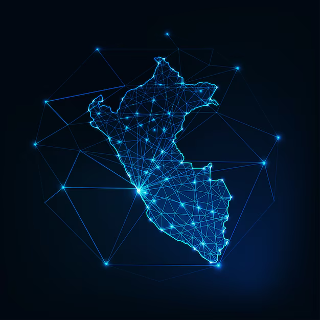 Mapa ilustrado del Perú con líneas azules que representan conexión y cobertura nacional